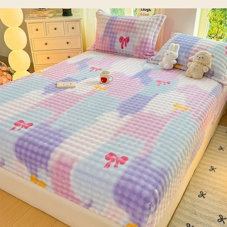 VILZSTUDIOS Pastel lilac blue and pink plaid fitted sheet with colorful bows and plush dimpled texture