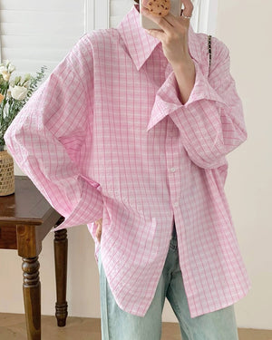 VILZSTUDIOS Pastel plaid oversized shirt with dropped shoulders and wide sleeves