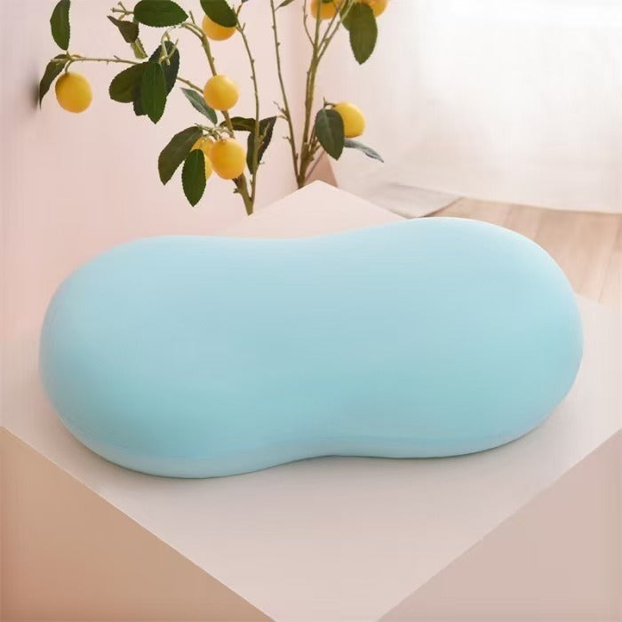 VILZSTUDIOS orange, sky blue, blush pink and charcoal gray peanut-shaped neck pillow with a central dip