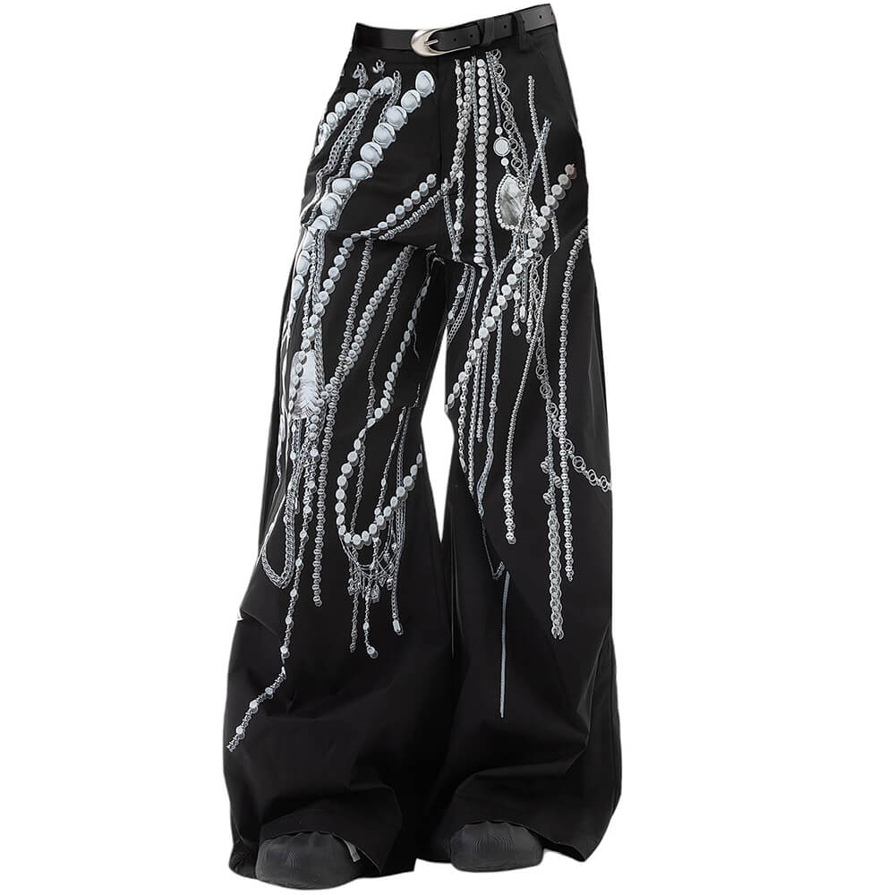 VILZSTUDIOS black wide-leg pants with pearl chain print