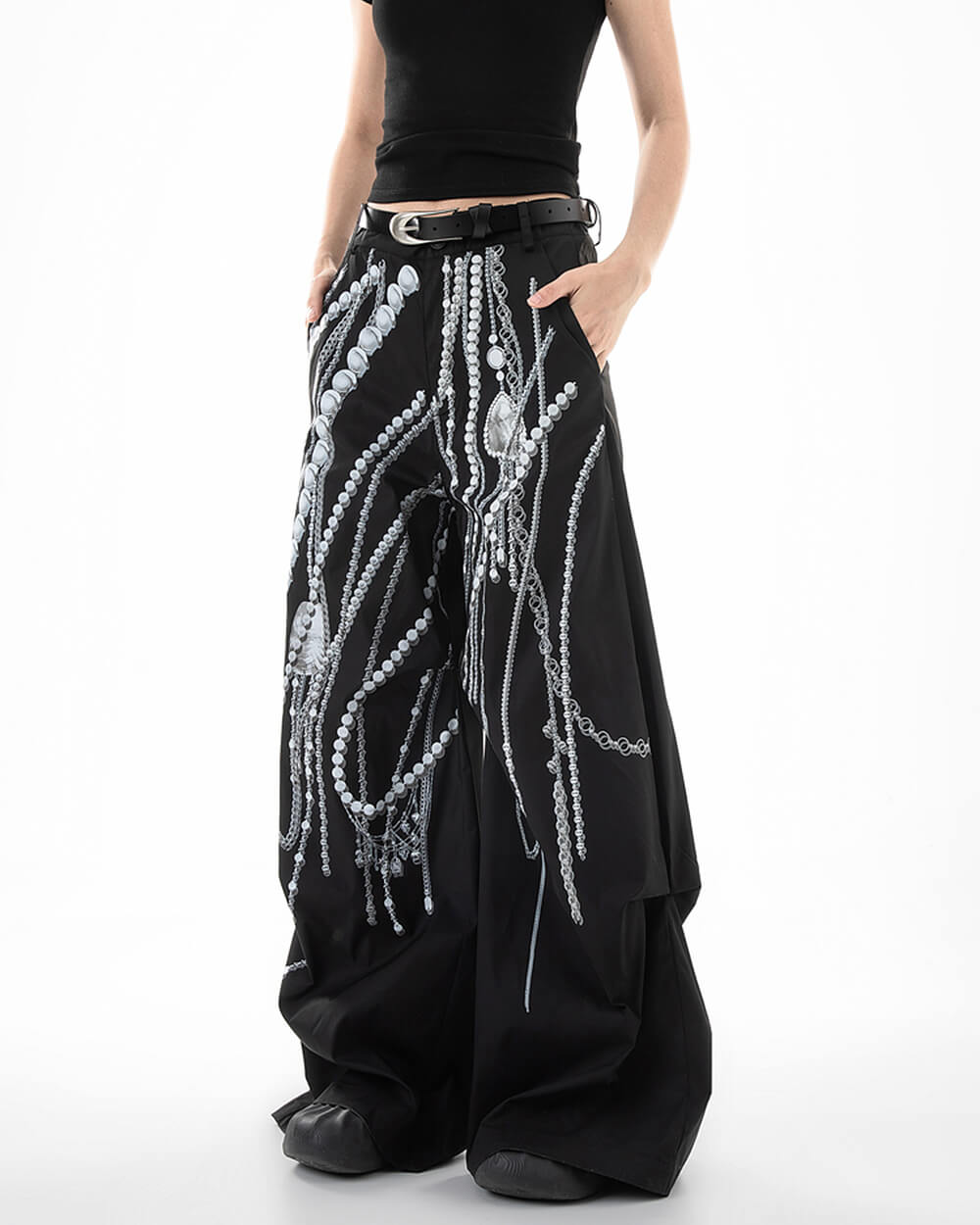 VILZSTUDIOS black wide-leg pants with pearl chain print