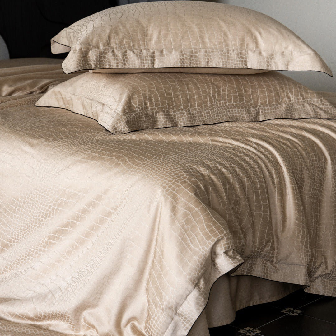 VILZSTUDIOS neutral satin jacquard duvet cover set with wide pillowcase borders and dark contrast piping