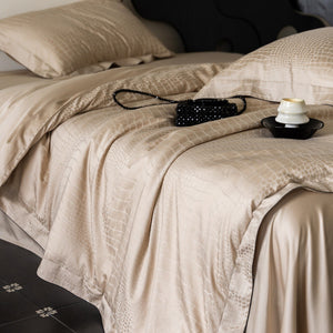VILZSTUDIOS neutral satin jacquard duvet cover set with wide pillowcase borders and dark contrast piping