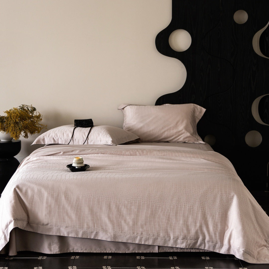 VILZSTUDIOS neutral satin jacquard duvet cover set with wide pillowcase borders and dark contrast piping