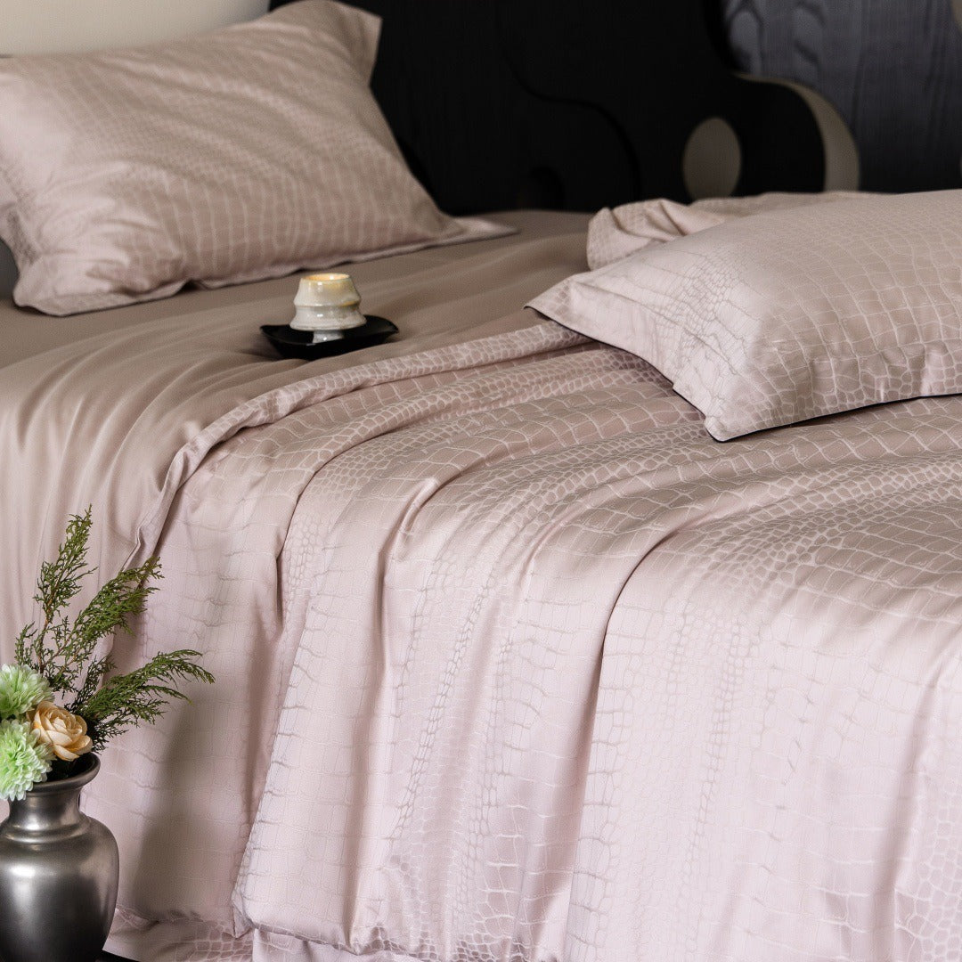 VILZSTUDIOS neutral satin jacquard duvet cover set with wide pillowcase borders and dark contrast piping