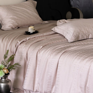 VILZSTUDIOS neutral satin jacquard duvet cover set with wide pillowcase borders and dark contrast piping