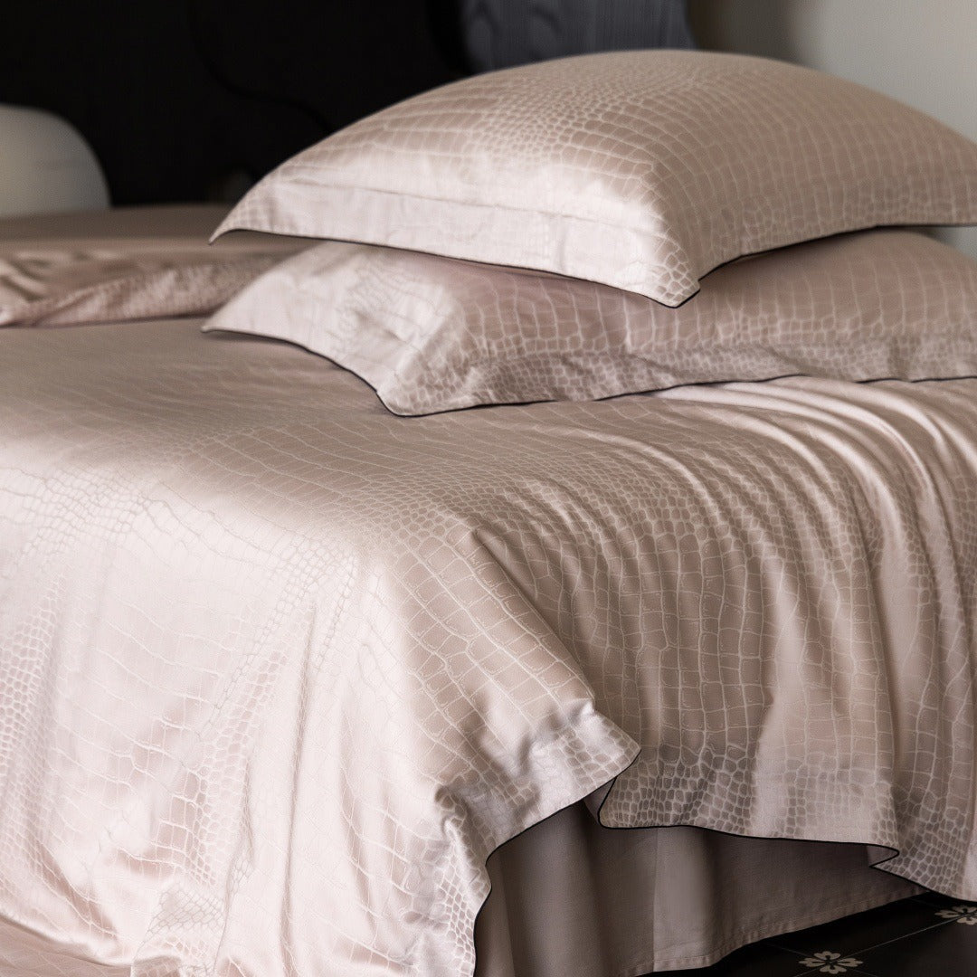 VILZSTUDIOS neutral satin jacquard duvet cover set with wide pillowcase borders and dark contrast piping
