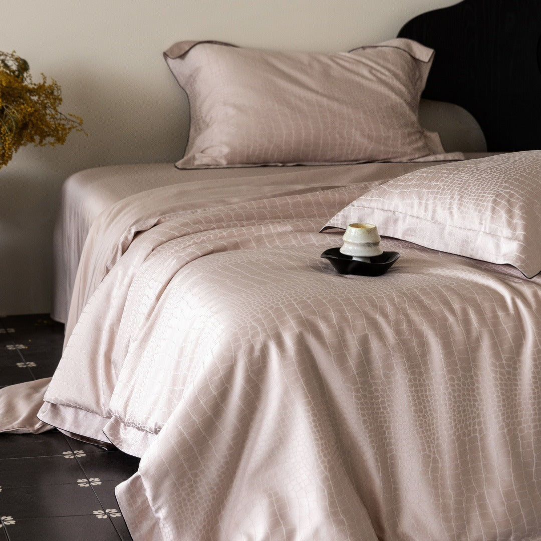 VILZSTUDIOS neutral satin jacquard duvet cover set with wide pillowcase borders and dark contrast piping