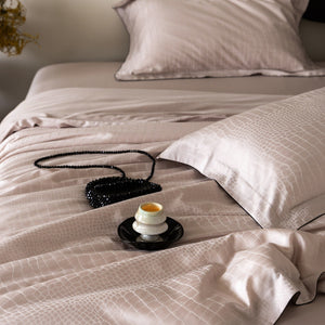 VILZSTUDIOS neutral satin jacquard duvet cover set with wide pillowcase borders and dark contrast piping