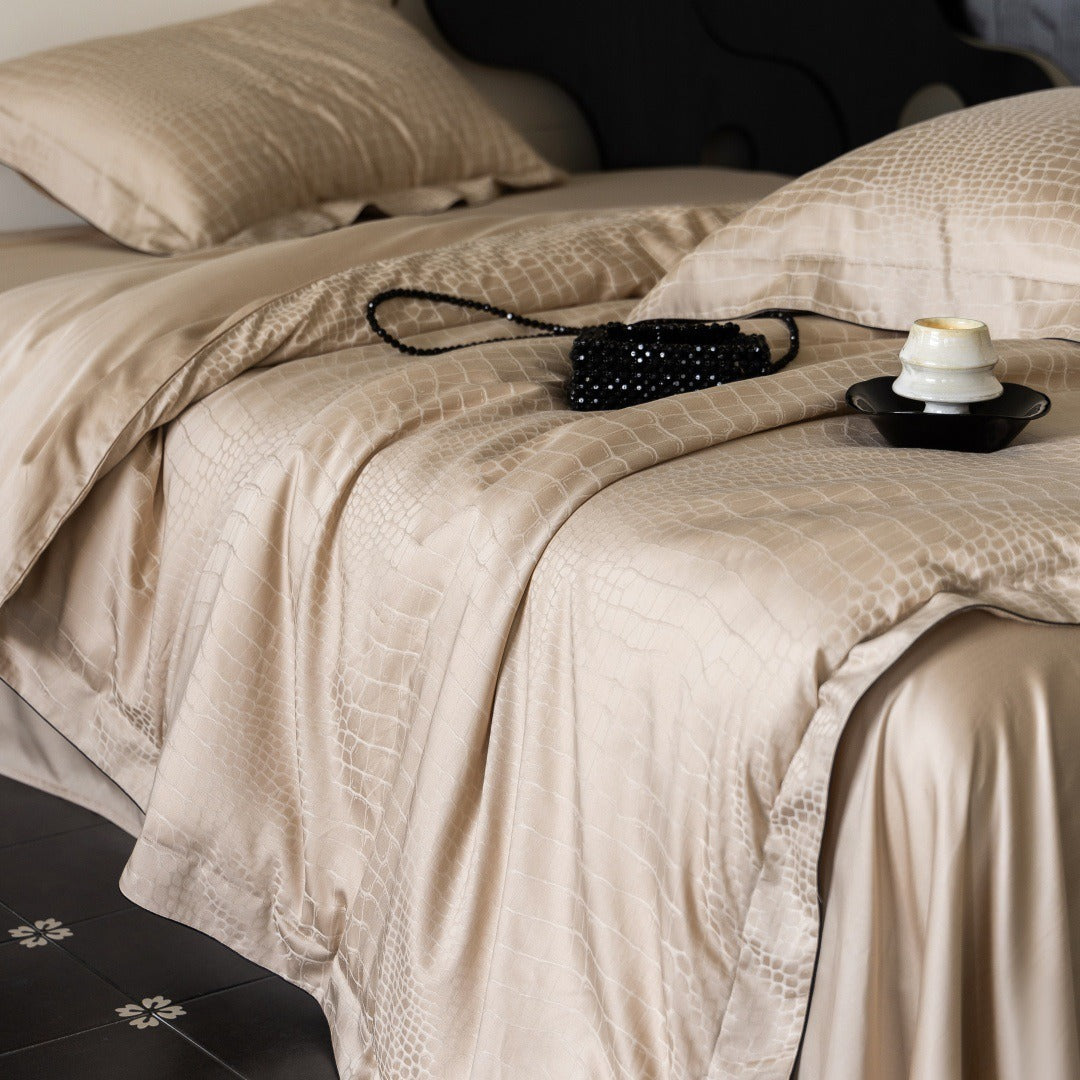 VILZSTUDIOS neutral satin jacquard duvet cover set with wide pillowcase borders and dark contrast piping