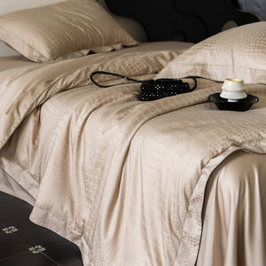 VILZSTUDIOS neutral satin jacquard duvet cover set with wide pillowcase borders and dark contrast piping