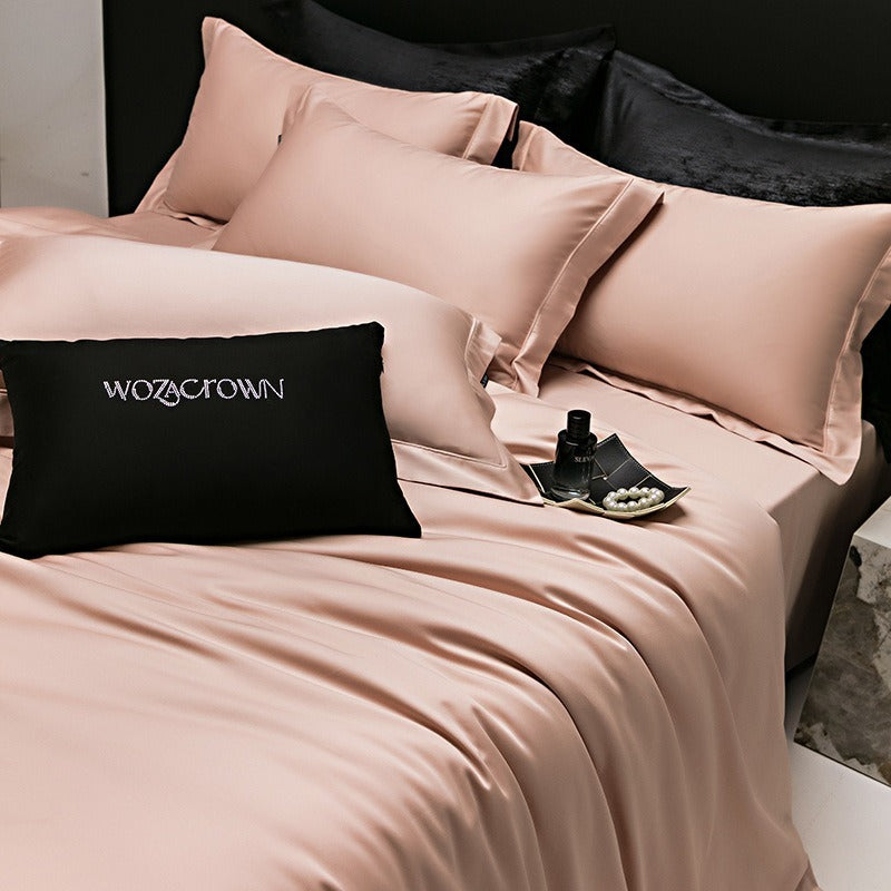 VILZSTUDIOS muted solid-color satin duvet cover set with piped borders and flanged pillowcases