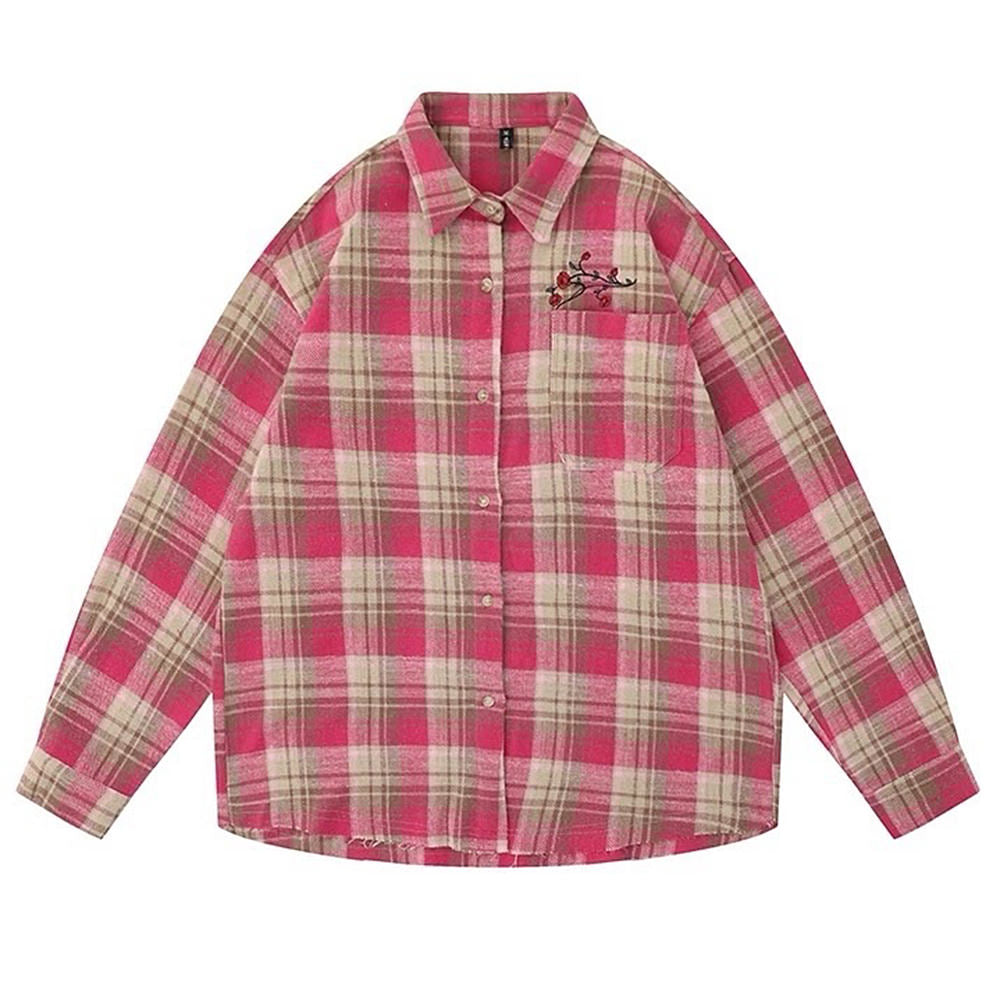 VILZSTUDIOS Plaid Embroidered Rose Button-Up Shirt product image