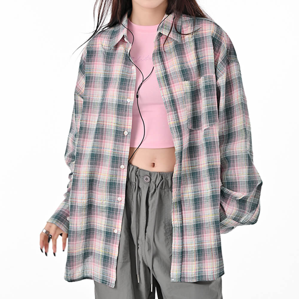 VILZSTUDIOS Plaid oversized button-up shirt with chest pocket