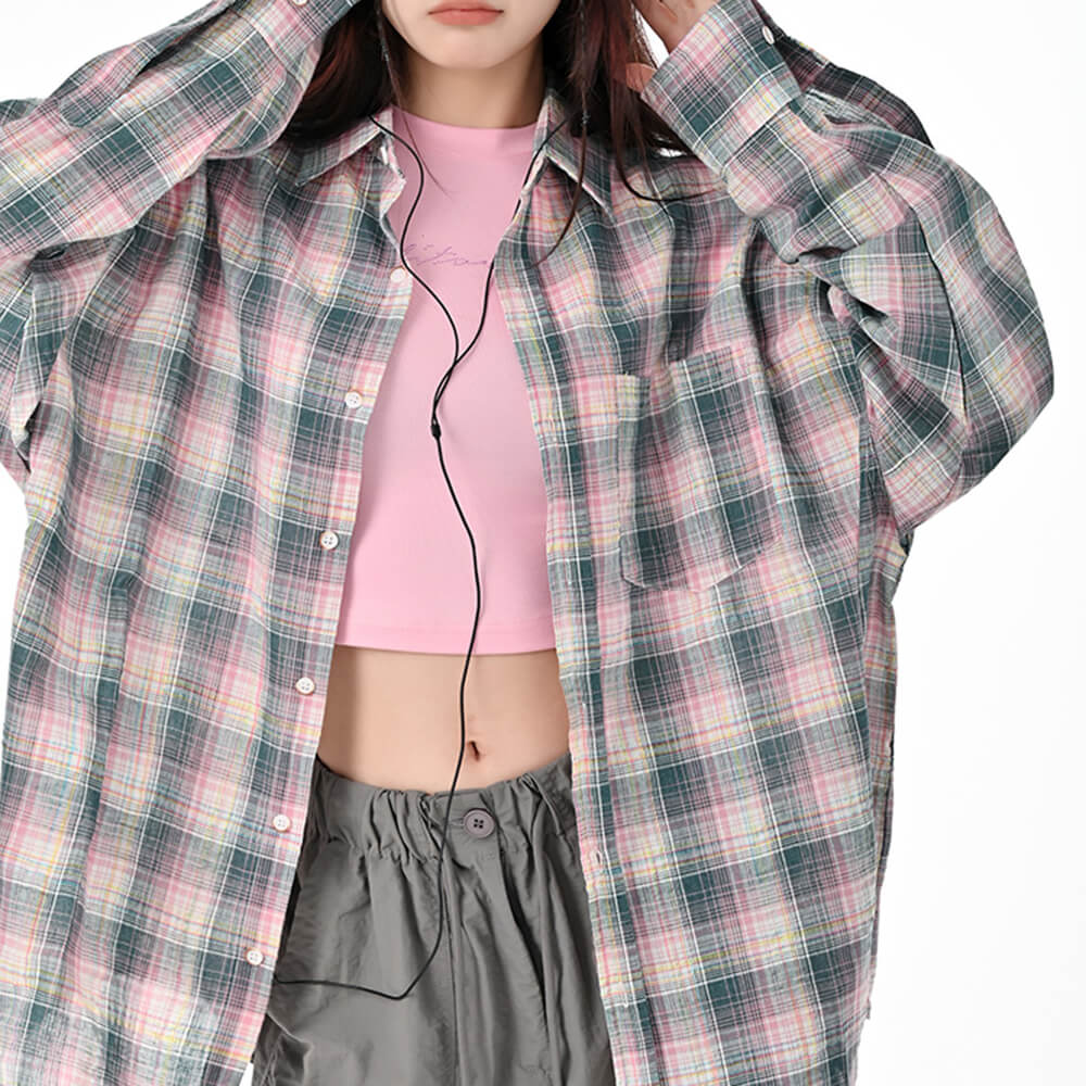 VILZSTUDIOS Plaid oversized button-up shirt with chest pocket