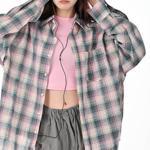 VILZSTUDIOS Plaid oversized button-up shirt with chest pocket