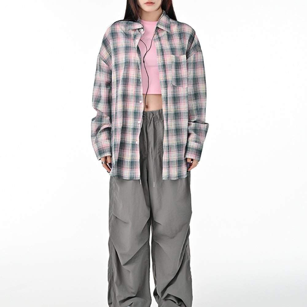 VILZSTUDIOS Plaid oversized button-up shirt with chest pocket