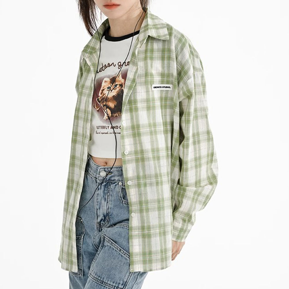 VILZSTUDIOS Oversized plaid button-up shirt in sage green