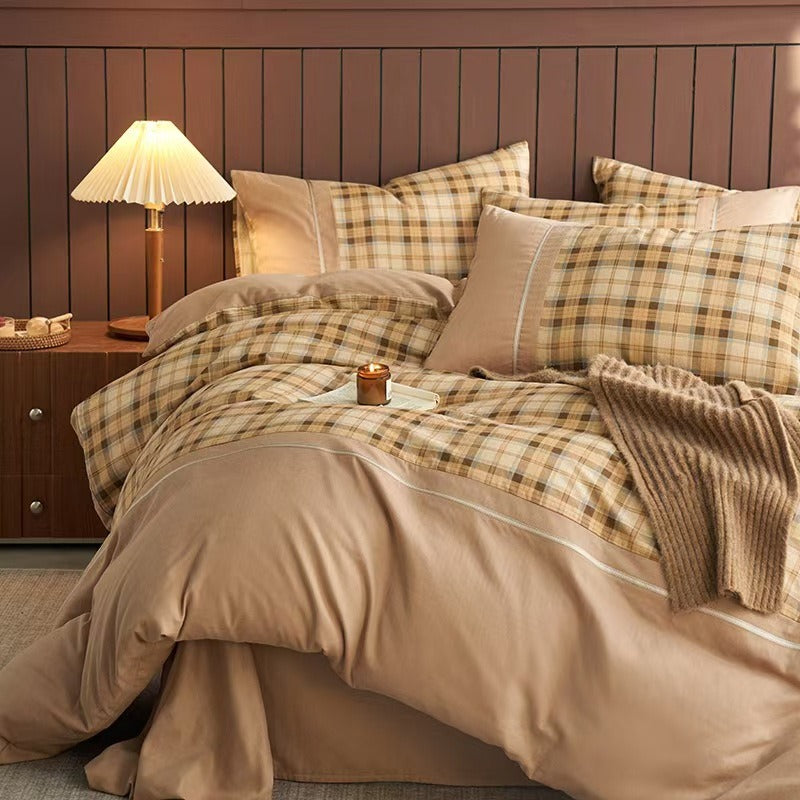 VILZSTUDIOS neutral and pastel plaid or striped duvet cover set with solid-color panels and contrast trim