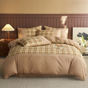 VILZSTUDIOS neutral and pastel plaid or striped duvet cover set with solid-color panels and contrast trim
