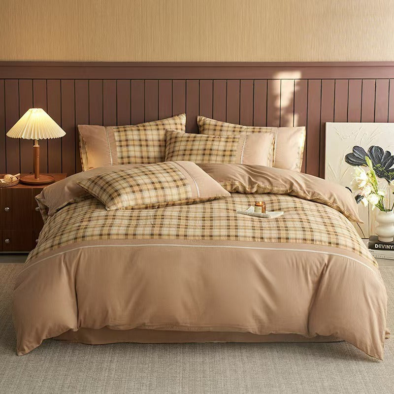 VILZSTUDIOS neutral and pastel plaid or striped duvet cover set with solid-color panels and contrast trim