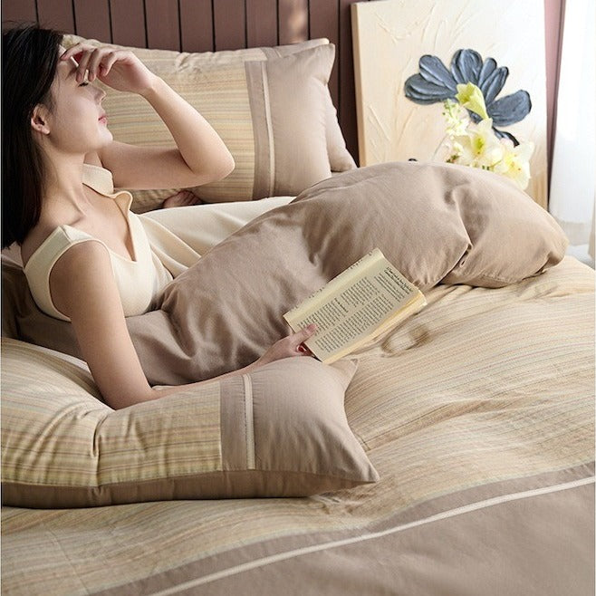 VILZSTUDIOS neutral and pastel plaid or striped duvet cover set with solid-color panels and contrast trim