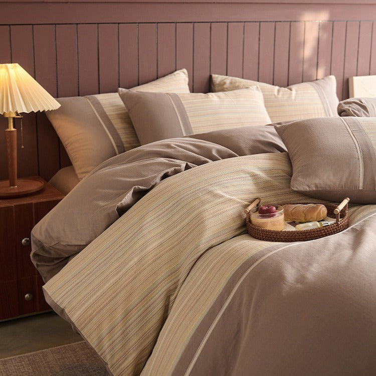 VILZSTUDIOS neutral and pastel plaid or striped duvet cover set with solid-color panels and contrast trim