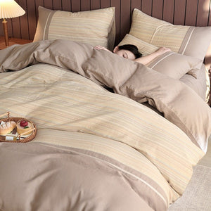 VILZSTUDIOS neutral and pastel plaid or striped duvet cover set with solid-color panels and contrast trim