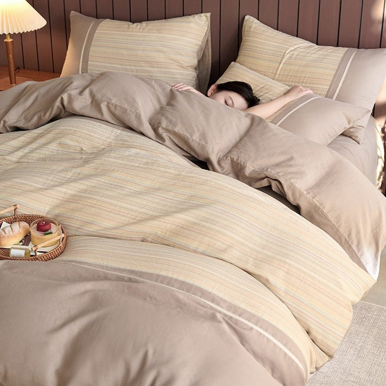 VILZSTUDIOS neutral and pastel plaid or striped duvet cover set with solid-color panels and contrast trim