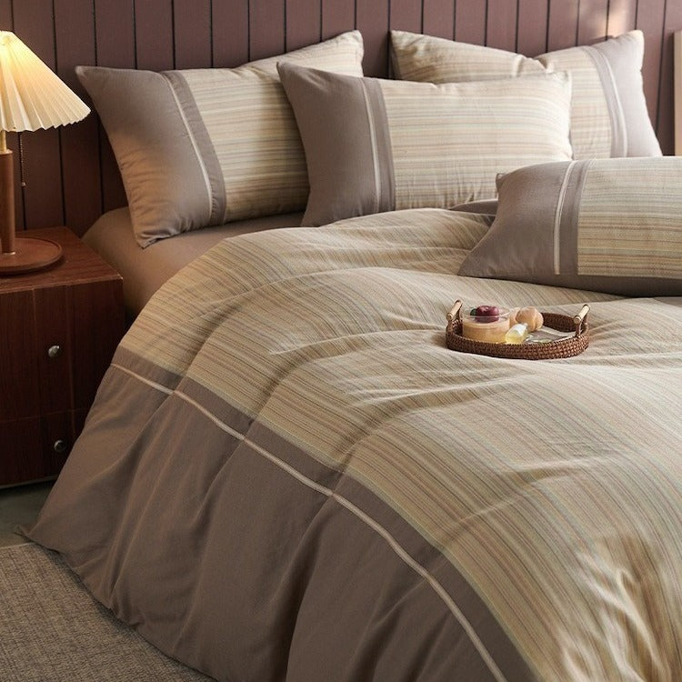 VILZSTUDIOS neutral and pastel plaid or striped duvet cover set with solid-color panels and contrast trim