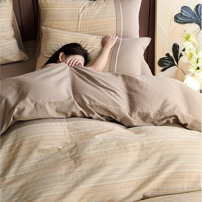 VILZSTUDIOS neutral and pastel plaid or striped duvet cover set with solid-color panels and contrast trim
