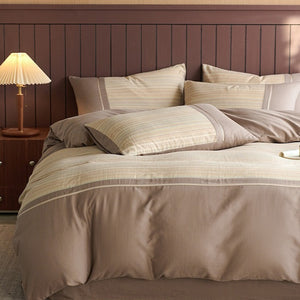 VILZSTUDIOS neutral and pastel plaid or striped duvet cover set with solid-color panels and contrast trim