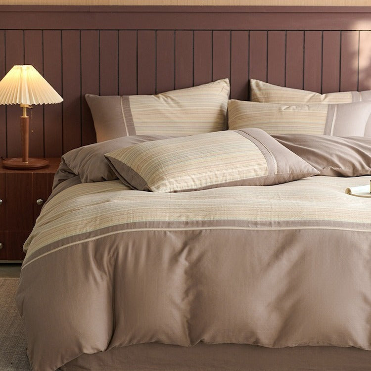VILZSTUDIOS neutral and pastel plaid or striped duvet cover set with solid-color panels and contrast trim