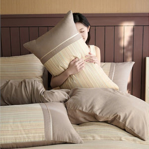 VILZSTUDIOS neutral and pastel plaid or striped duvet cover set with solid-color panels and contrast trim