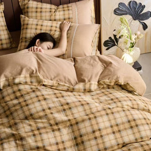 VILZSTUDIOS neutral and pastel plaid or striped duvet cover set with solid-color panels and contrast trim