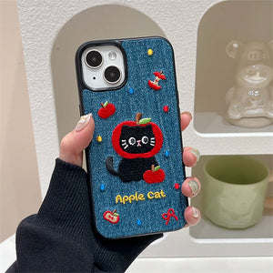VILZSTUDIOS Cute Apple Cat Embroidery Phone Case