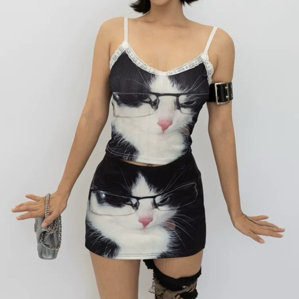 VILZSTUDIOS Playful cat print micro skirt for trendy fashion