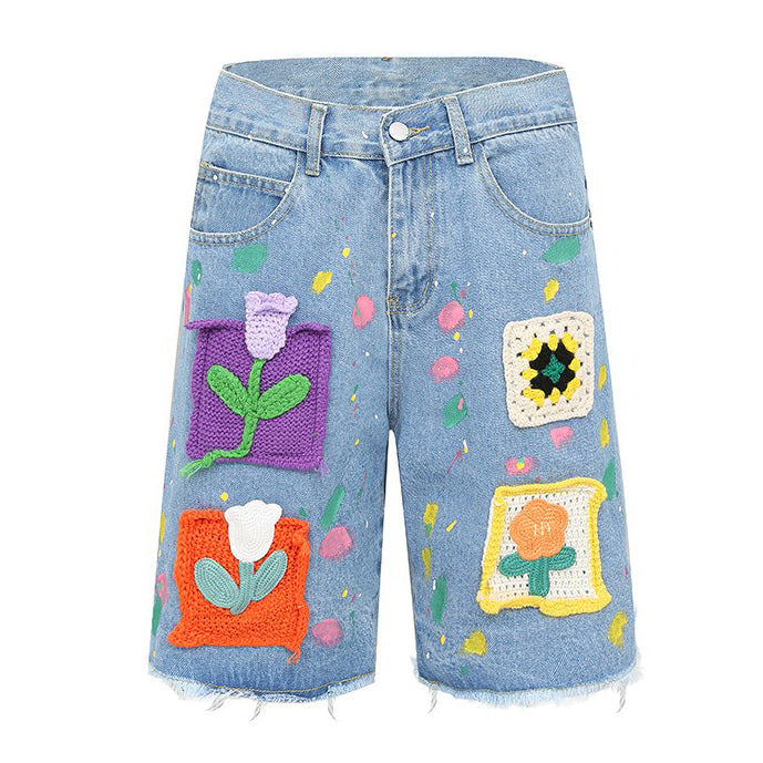 VILZSTUDIOS Vibrant crochet patch denim shorts