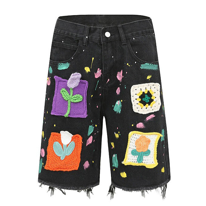 VILZSTUDIOS Vibrant crochet patch denim shorts