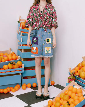VILZSTUDIOS Vibrant crochet patch denim shorts
