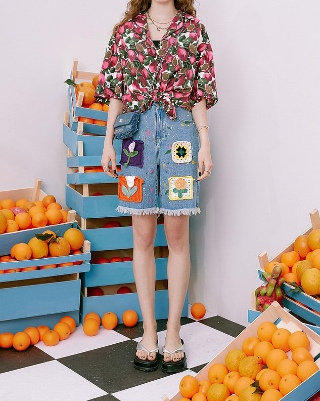VILZSTUDIOS Vibrant crochet patch denim shorts