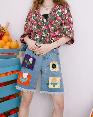 VILZSTUDIOS Vibrant crochet patch denim shorts