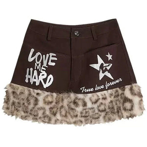 VILZSTUDIOS Fuzzy denim skirt with graphic prints and leopard trim