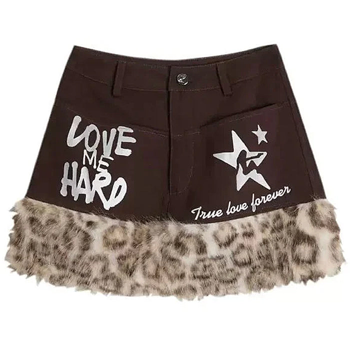 VILZSTUDIOS Fuzzy denim skirt with graphic prints and leopard trim