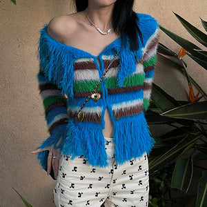 VILZSTUDIOS Striped fringe knit top for casual fashion