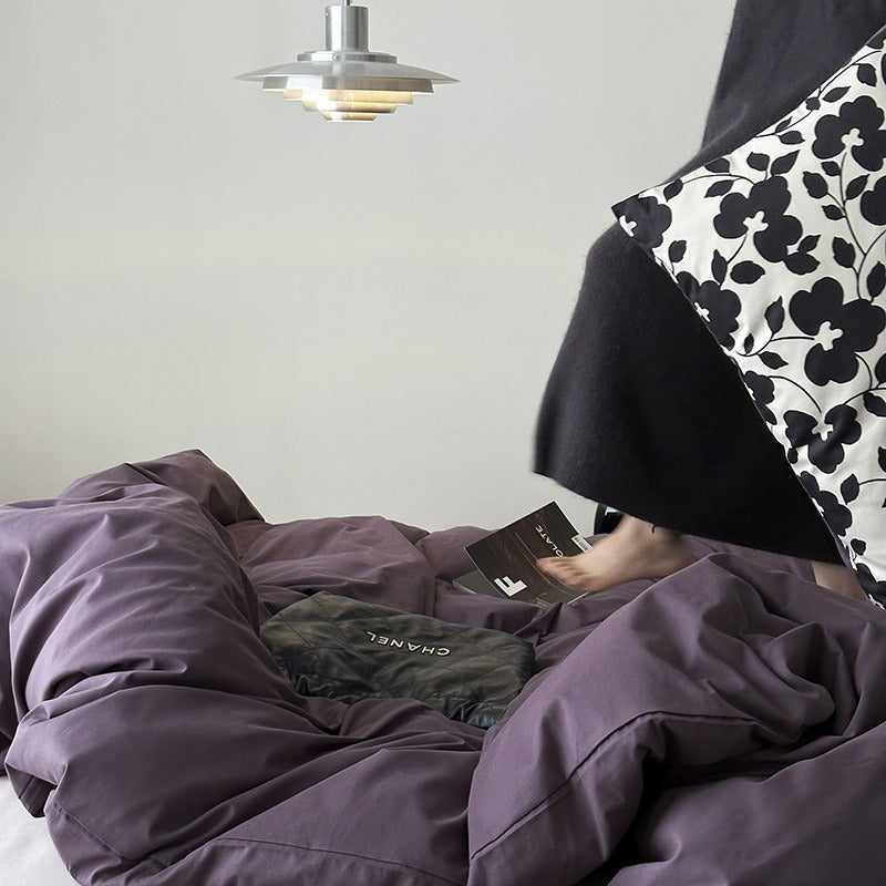VILZSTUDIOS deep plum duvet cover set with monochrome floral pillowcases