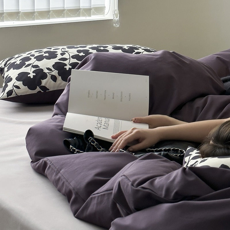 VILZSTUDIOS deep plum duvet cover set with monochrome floral pillowcases