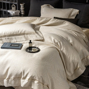 VILZSTUDIOS ivory cream plumage jacquard bedding set with broad borders and gold-tone piping