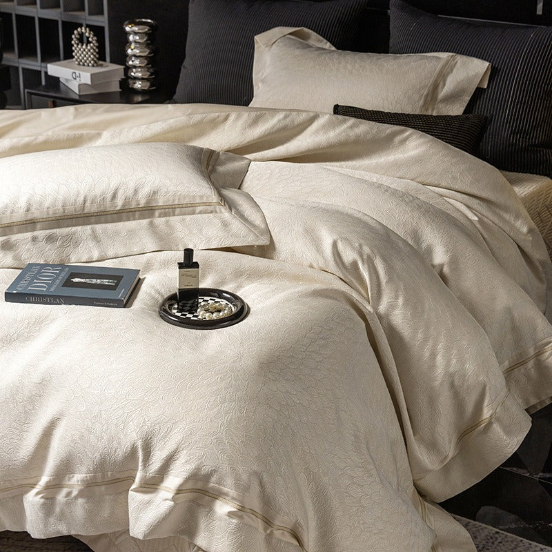 VILZSTUDIOS ivory cream plumage jacquard bedding set with broad borders and gold-tone piping