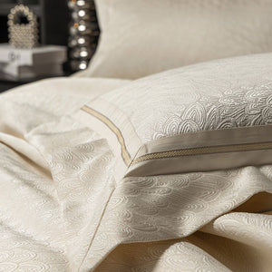 VILZSTUDIOS ivory cream plumage jacquard bedding set with broad borders and gold-tone piping